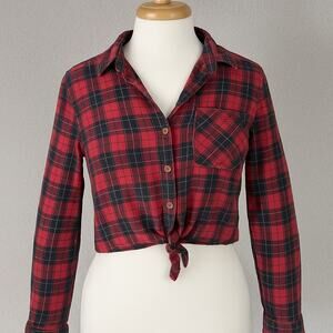 Forever 21 Plaid Flannel Button Front Long Sleeve Crop Tie Shirt‎ Red L